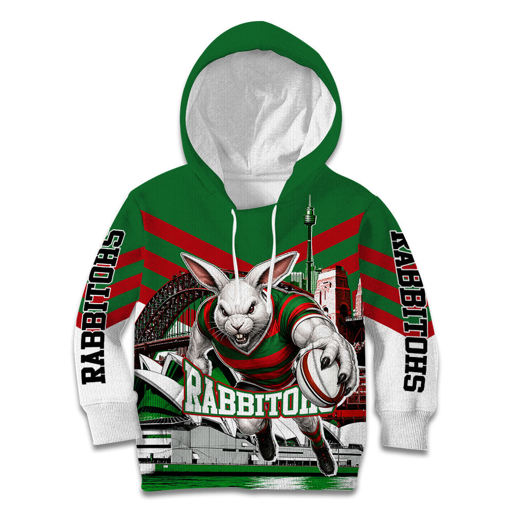 Personalized South Sydney Rabbitohs Rugby Kid Hoodie Fierce Mascot And Sydney Skyline Graphic Art