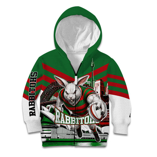 Personalized South Sydney Rabbitohs Rugby Kid Hoodie Fierce Mascot And Sydney Skyline Graphic Art