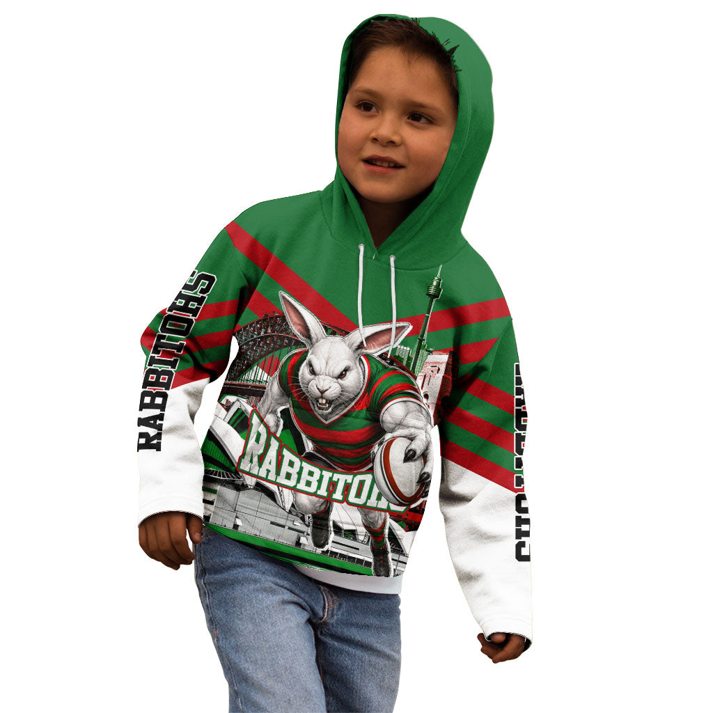 Personalized South Sydney Rabbitohs Rugby Kid Hoodie Fierce Mascot And Sydney Skyline Graphic Art
