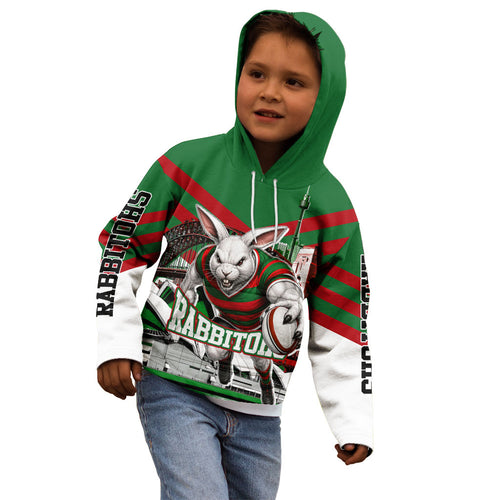 Personalized South Sydney Rabbitohs Rugby Kid Hoodie Fierce Mascot And Sydney Skyline Graphic Art