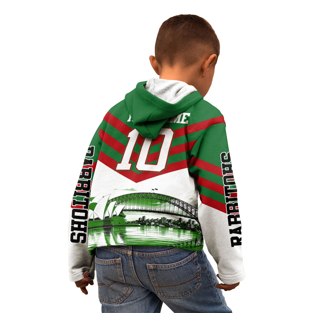 Personalized South Sydney Rabbitohs Rugby Kid Hoodie Fierce Mascot And Sydney Skyline Graphic Art