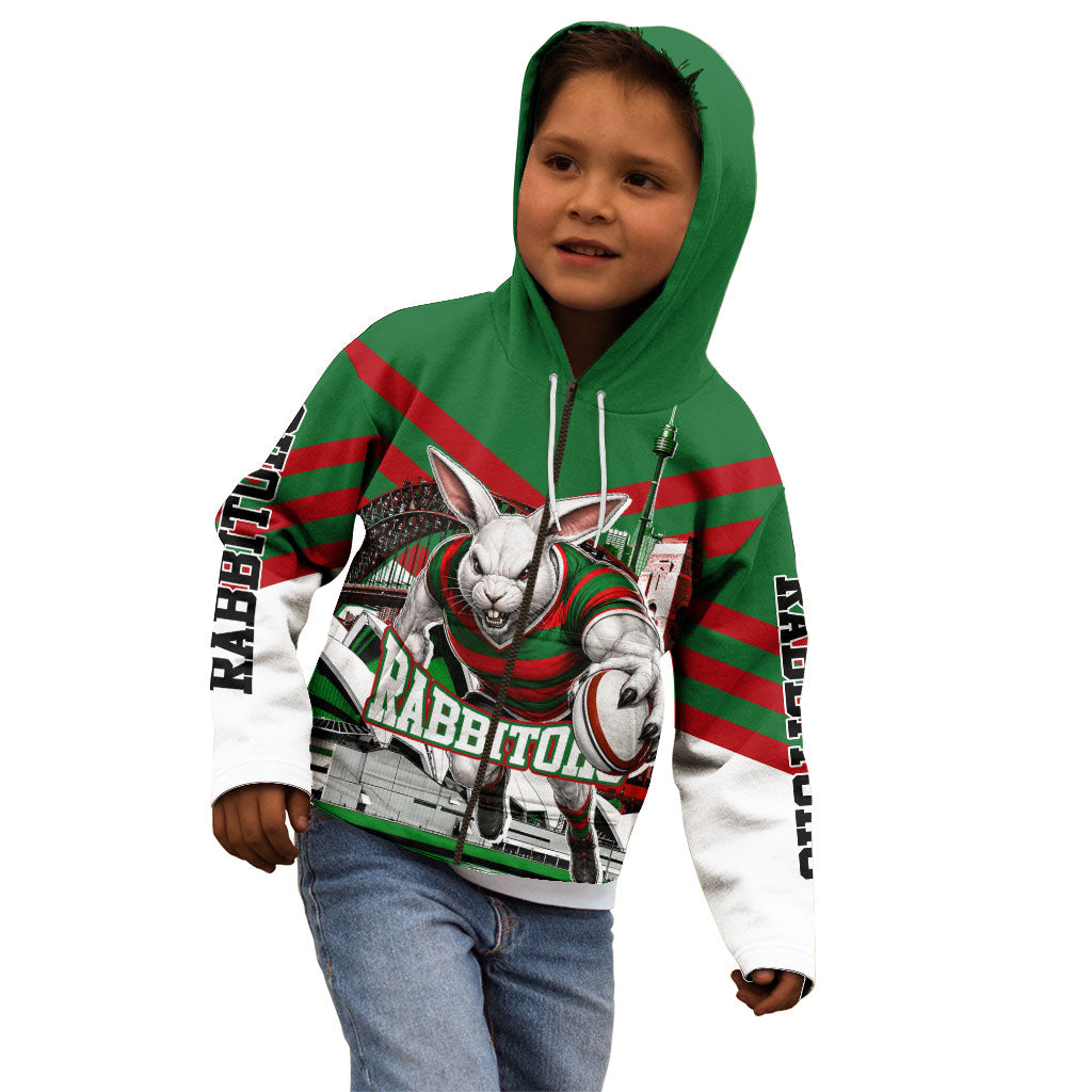 Personalized South Sydney Rabbitohs Rugby Kid Hoodie Fierce Mascot And Sydney Skyline Graphic Art