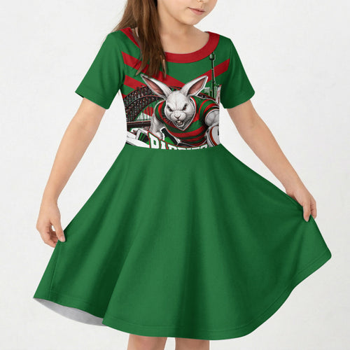 Personalized South Sydney Rabbitohs Rugby Kid Short Sleeve Dress Fierce Mascot And Sydney Skyline Graphic Art