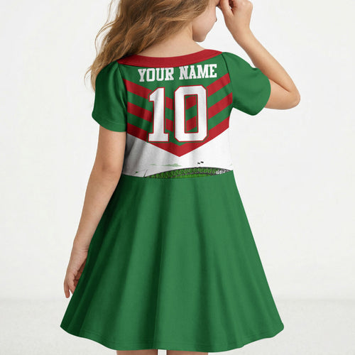 Personalized South Sydney Rabbitohs Rugby Kid Short Sleeve Dress Fierce Mascot And Sydney Skyline Graphic Art