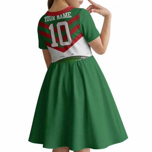 Personalized South Sydney Rabbitohs Rugby Kid Short Sleeve Dress Fierce Mascot And Sydney Skyline Graphic Art
