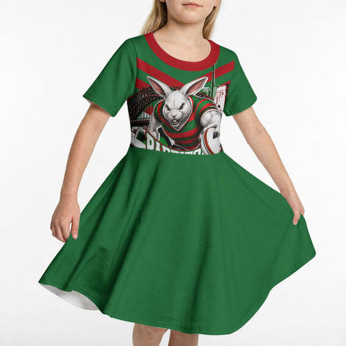 Personalized South Sydney Rabbitohs Rugby Kid Short Sleeve Dress Fierce Mascot And Sydney Skyline Graphic Art