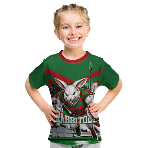Personalized South Sydney Rabbitohs Rugby Kid T Shirt Fierce Mascot And Sydney Skyline Graphic Art