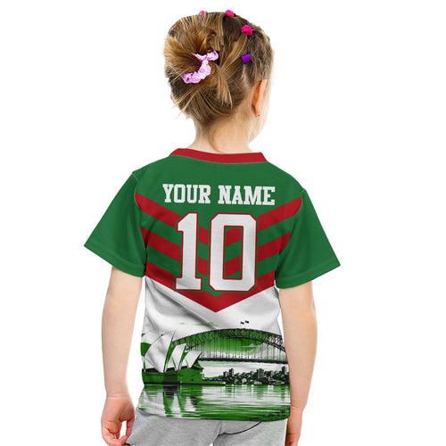 Personalized South Sydney Rabbitohs Rugby Kid T Shirt Fierce Mascot And Sydney Skyline Graphic Art