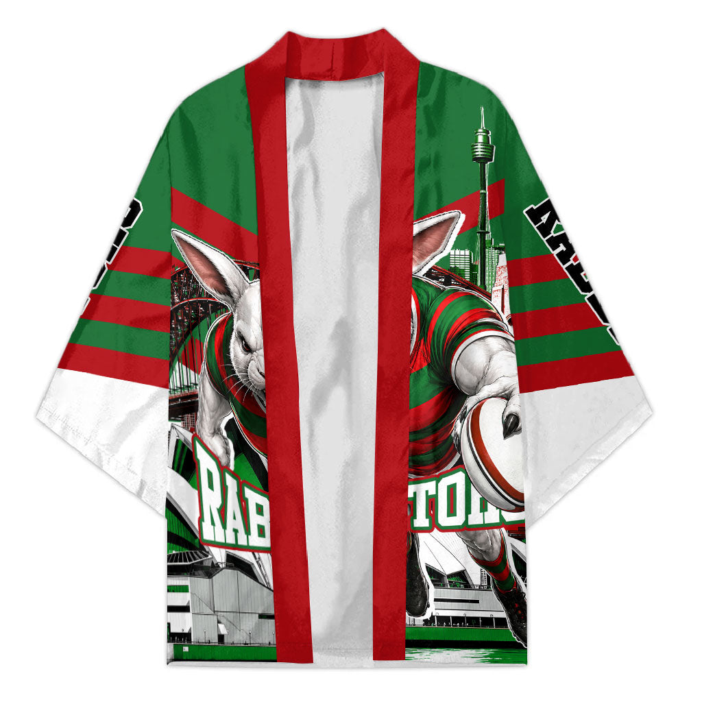 Personalized South Sydney Rabbitohs Rugby Kimono Fierce Mascot And Sydney Skyline Graphic Art