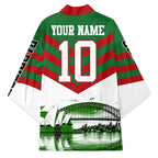 Personalized South Sydney Rabbitohs Rugby Kimono Fierce Mascot And Sydney Skyline Graphic Art