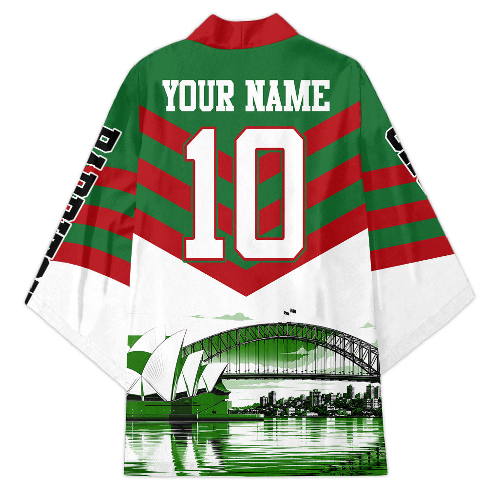 Personalized South Sydney Rabbitohs Rugby Kimono Fierce Mascot And Sydney Skyline Graphic Art