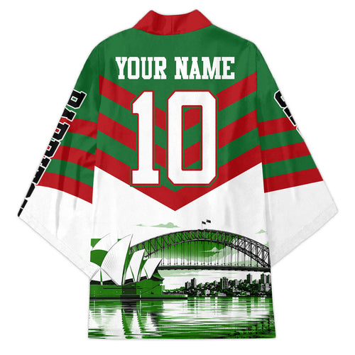 Personalized South Sydney Rabbitohs Rugby Kimono Fierce Mascot And Sydney Skyline Graphic Art