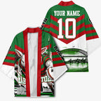 Personalized South Sydney Rabbitohs Rugby Kimono Fierce Mascot And Sydney Skyline Graphic Art