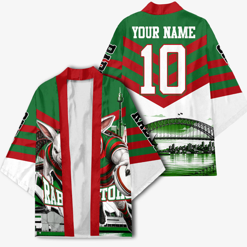 Personalized South Sydney Rabbitohs Rugby Kimono Fierce Mascot And Sydney Skyline Graphic Art