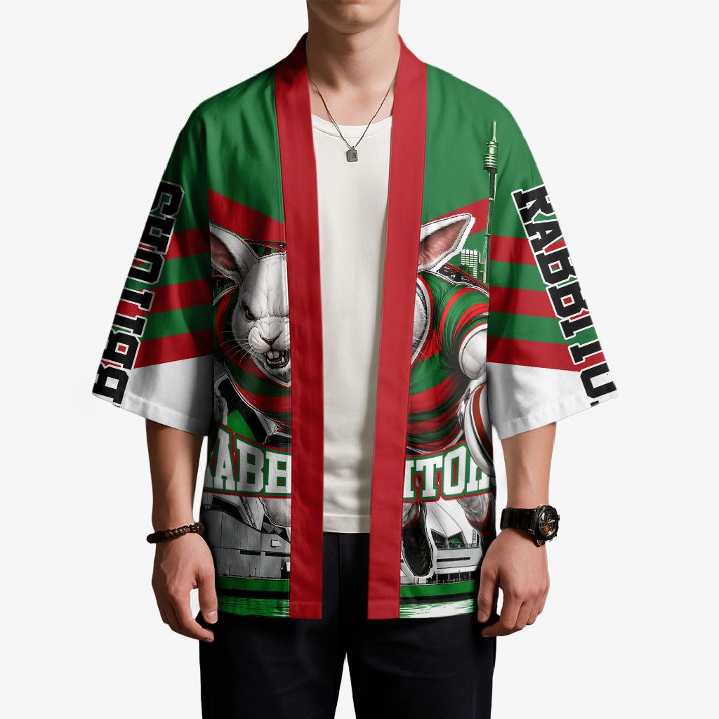 Personalized South Sydney Rabbitohs Rugby Kimono Fierce Mascot And Sydney Skyline Graphic Art