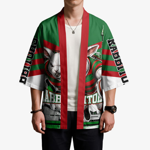 Personalized South Sydney Rabbitohs Rugby Kimono Fierce Mascot And Sydney Skyline Graphic Art