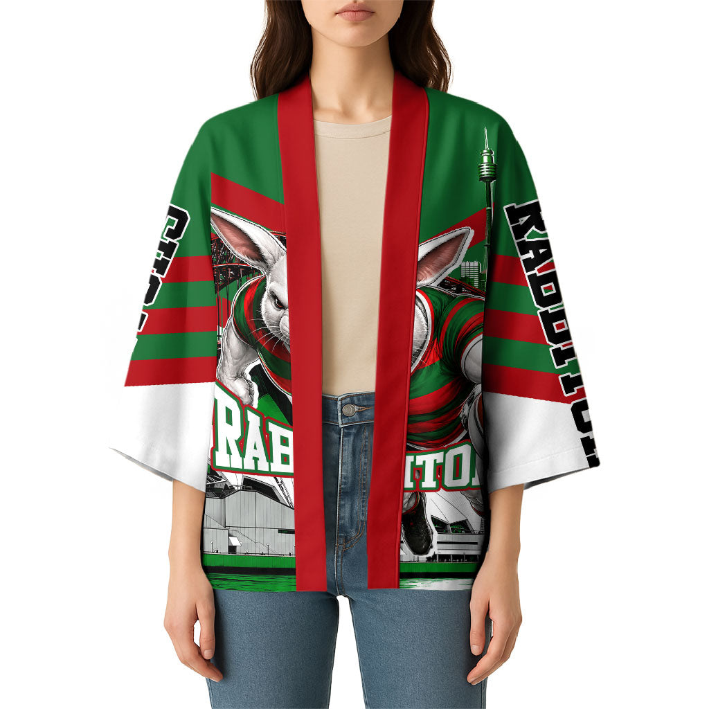 Personalized South Sydney Rabbitohs Rugby Kimono Fierce Mascot And Sydney Skyline Graphic Art