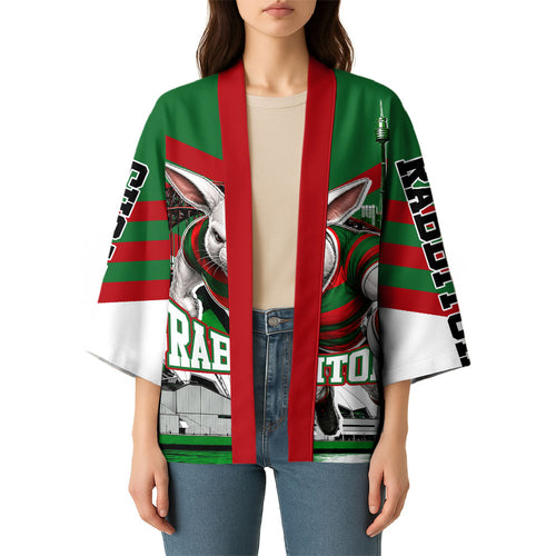 Personalized South Sydney Rabbitohs Rugby Kimono Fierce Mascot And Sydney Skyline Graphic Art