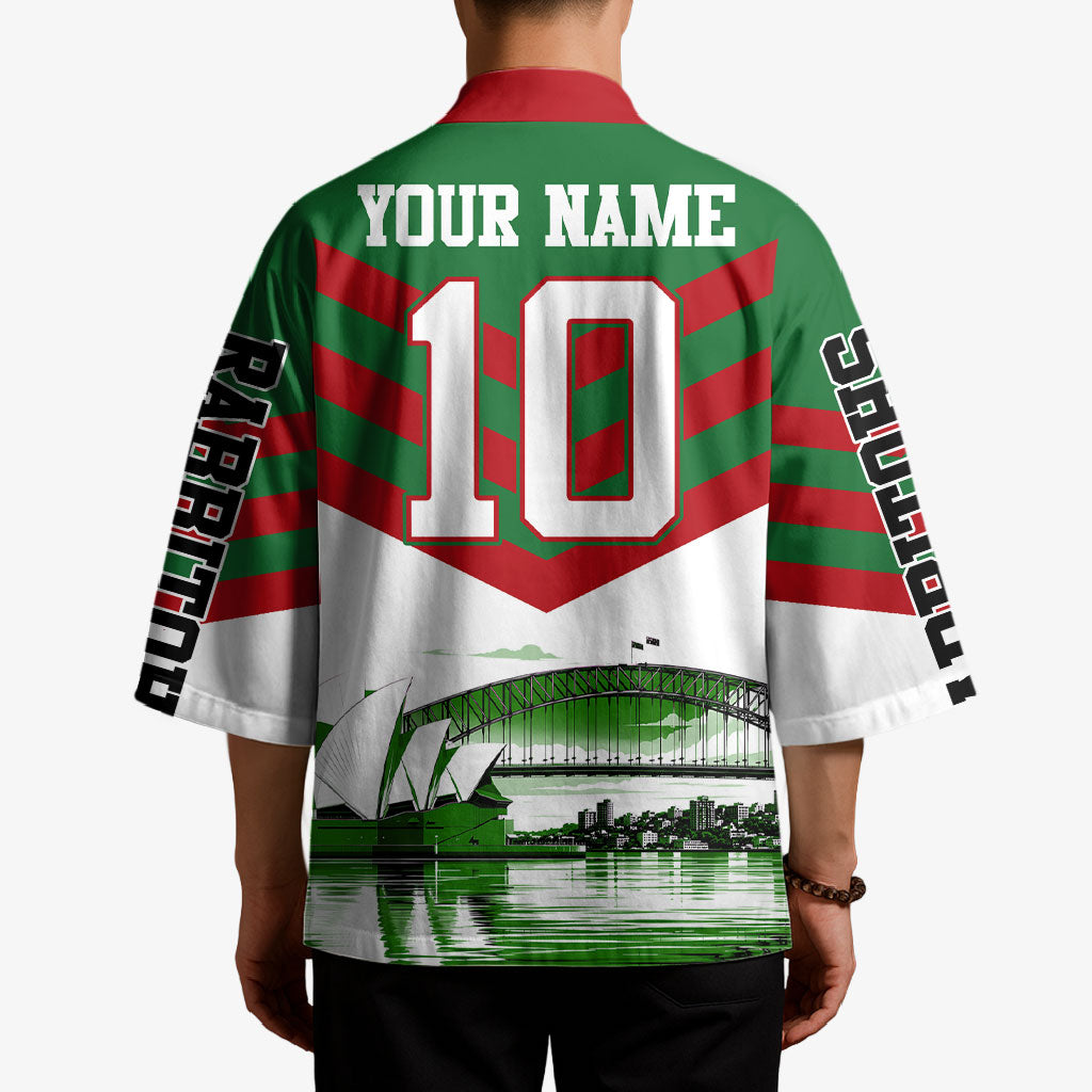 Personalized South Sydney Rabbitohs Rugby Kimono Fierce Mascot And Sydney Skyline Graphic Art