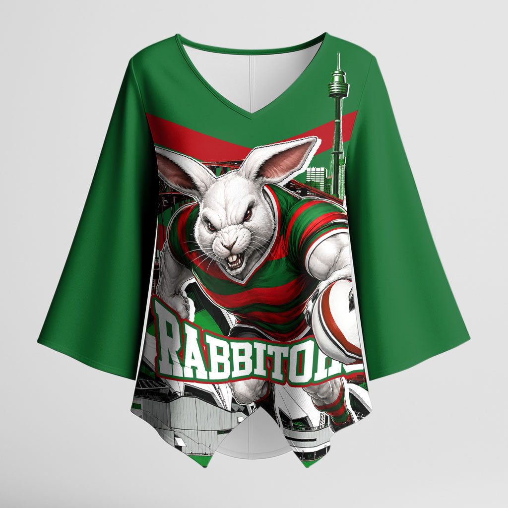 Personalized South Sydney Rabbitohs Rugby Kimono Sleeve Blouse Fierce Mascot And Sydney Skyline Graphic Art
