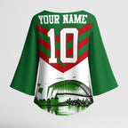 Personalized South Sydney Rabbitohs Rugby Kimono Sleeve Blouse Fierce Mascot And Sydney Skyline Graphic Art