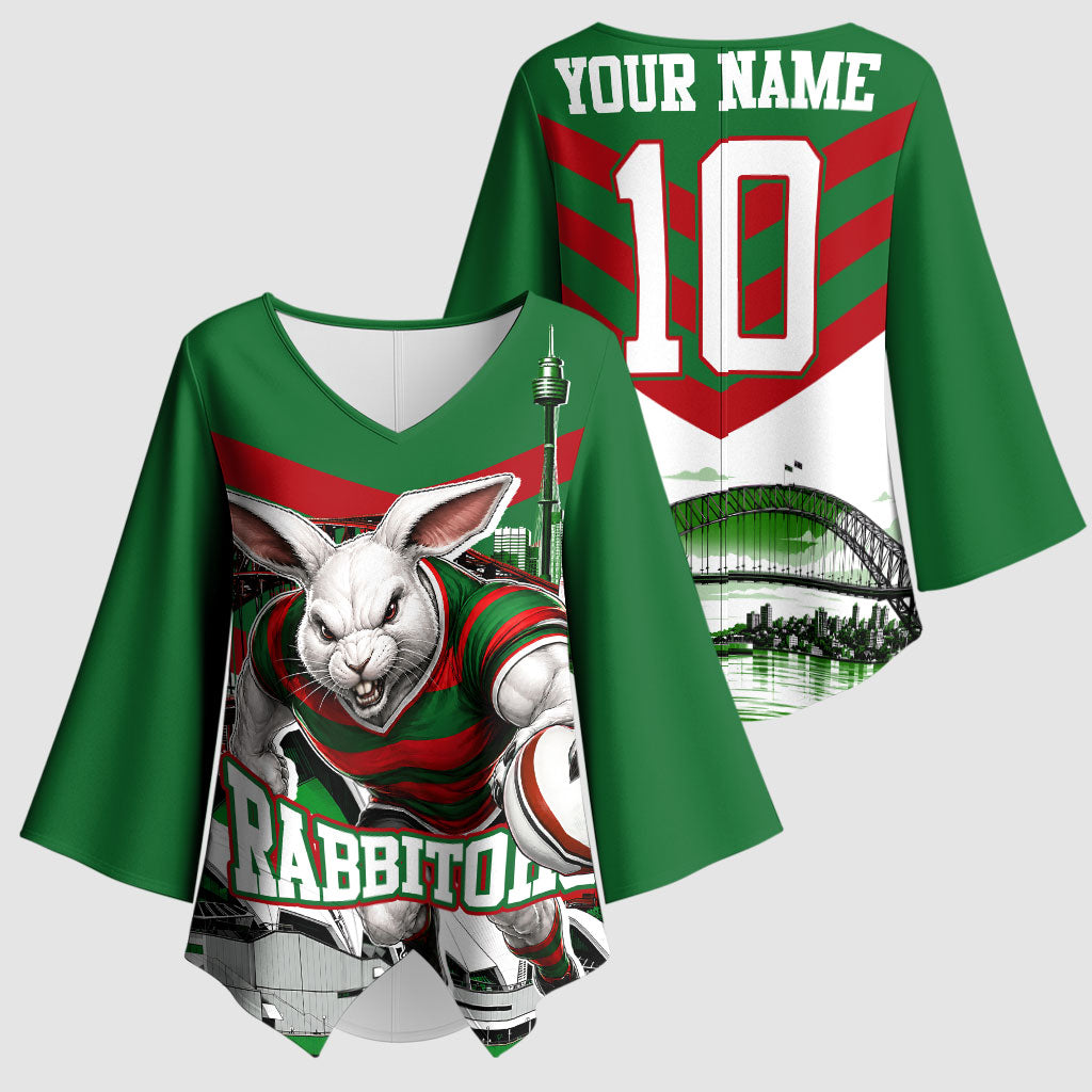 Personalized South Sydney Rabbitohs Rugby Kimono Sleeve Blouse Fierce Mascot And Sydney Skyline Graphic Art