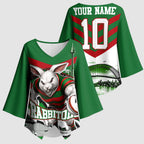 Personalized South Sydney Rabbitohs Rugby Kimono Sleeve Blouse Fierce Mascot And Sydney Skyline Graphic Art