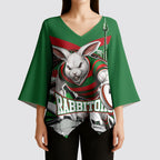 Personalized South Sydney Rabbitohs Rugby Kimono Sleeve Blouse Fierce Mascot And Sydney Skyline Graphic Art