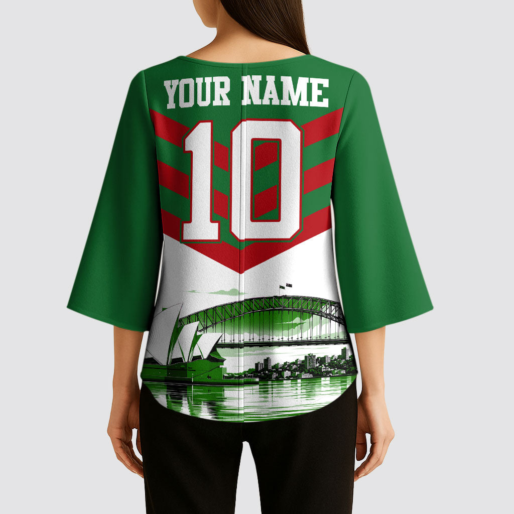 Personalized South Sydney Rabbitohs Rugby Kimono Sleeve Blouse Fierce Mascot And Sydney Skyline Graphic Art