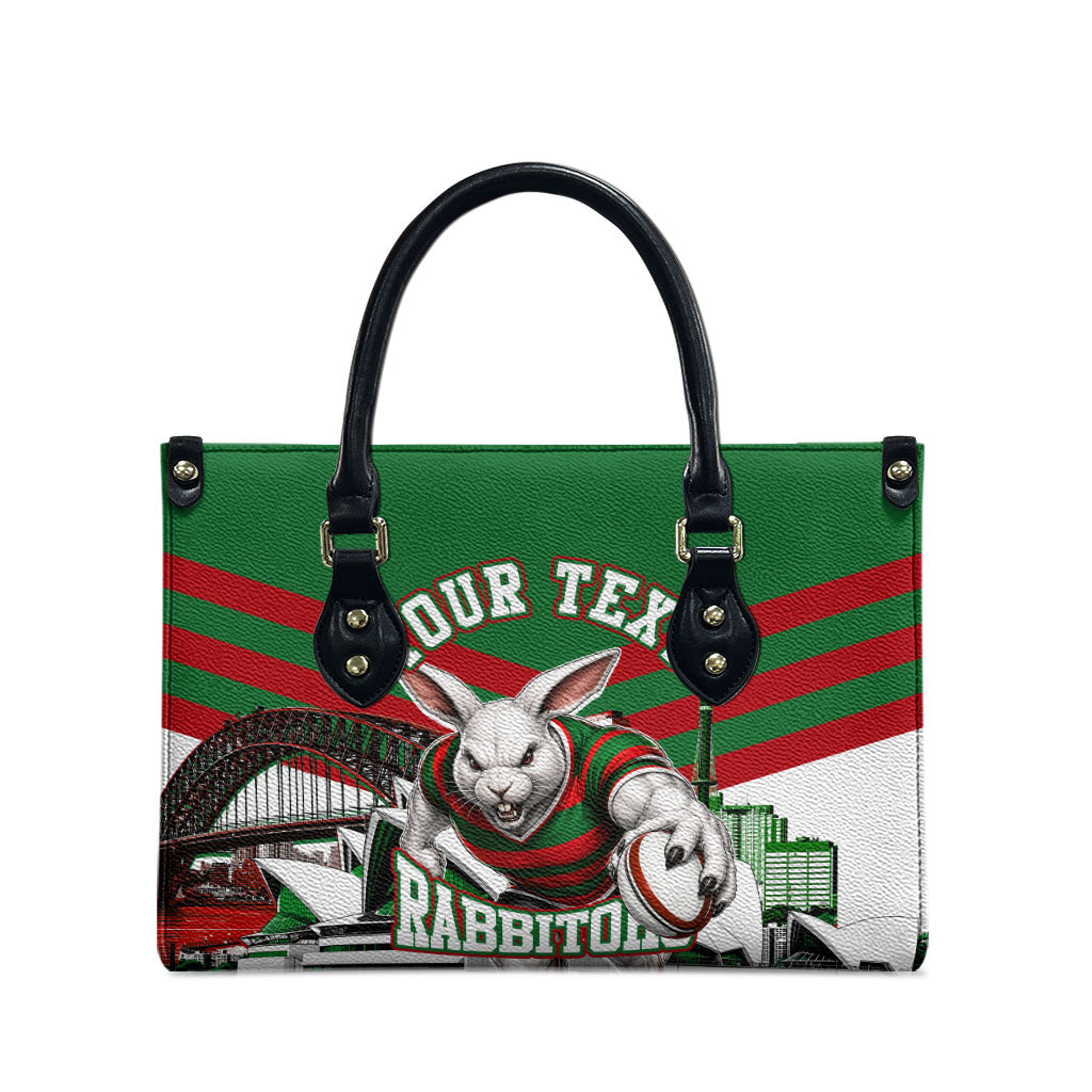 Personalized South Sydney Rabbitohs Rugby Leather Bag Fierce Mascot And Sydney Skyline Graphic Art
