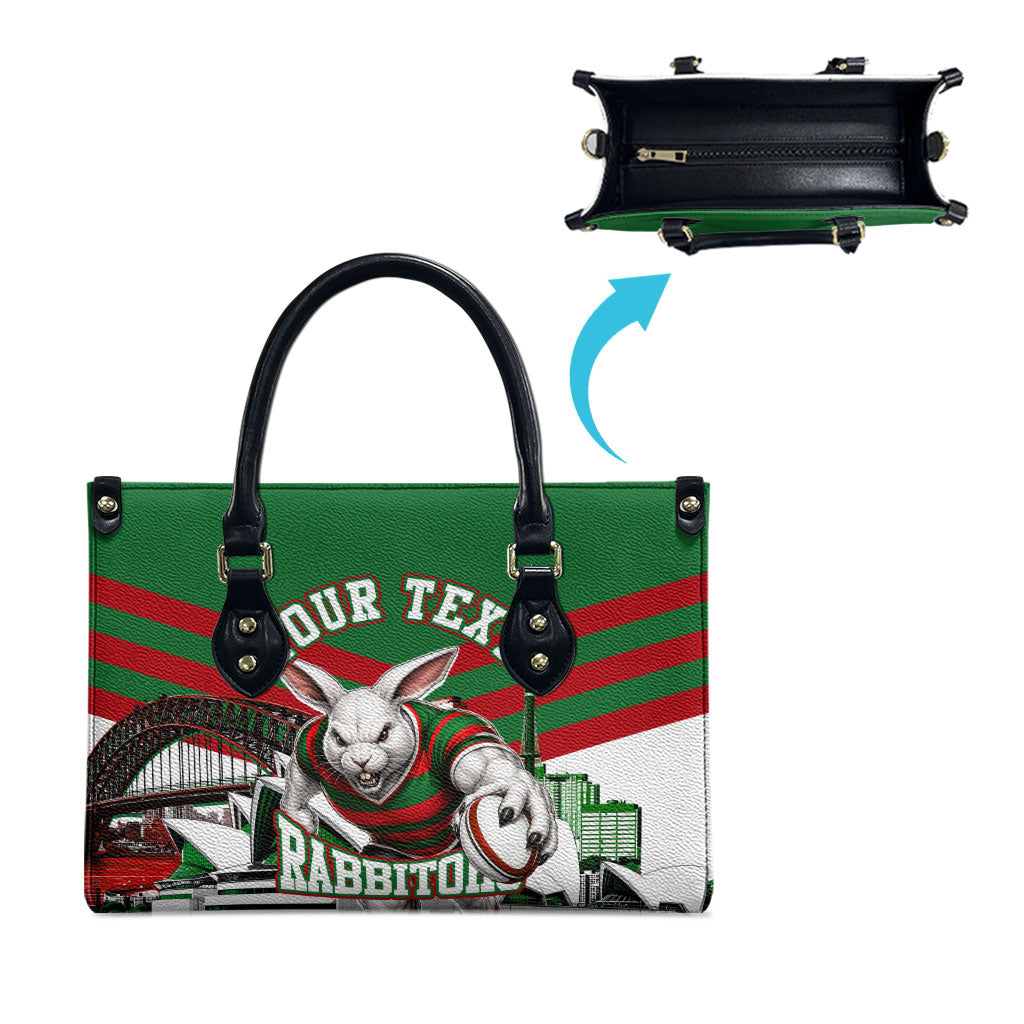 Personalized South Sydney Rabbitohs Rugby Leather Bag Fierce Mascot And Sydney Skyline Graphic Art