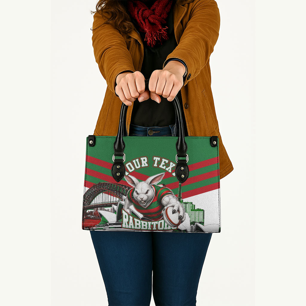 Personalized South Sydney Rabbitohs Rugby Leather Bag Fierce Mascot And Sydney Skyline Graphic Art