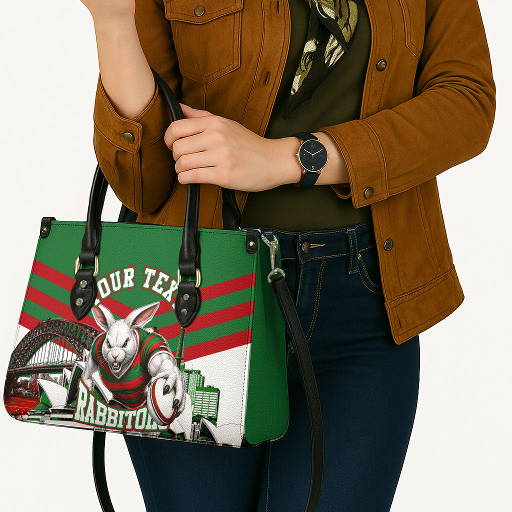 Personalized South Sydney Rabbitohs Rugby Leather Bag Fierce Mascot And Sydney Skyline Graphic Art