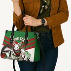 Personalized South Sydney Rabbitohs Rugby Leather Bag Fierce Mascot And Sydney Skyline Graphic Art