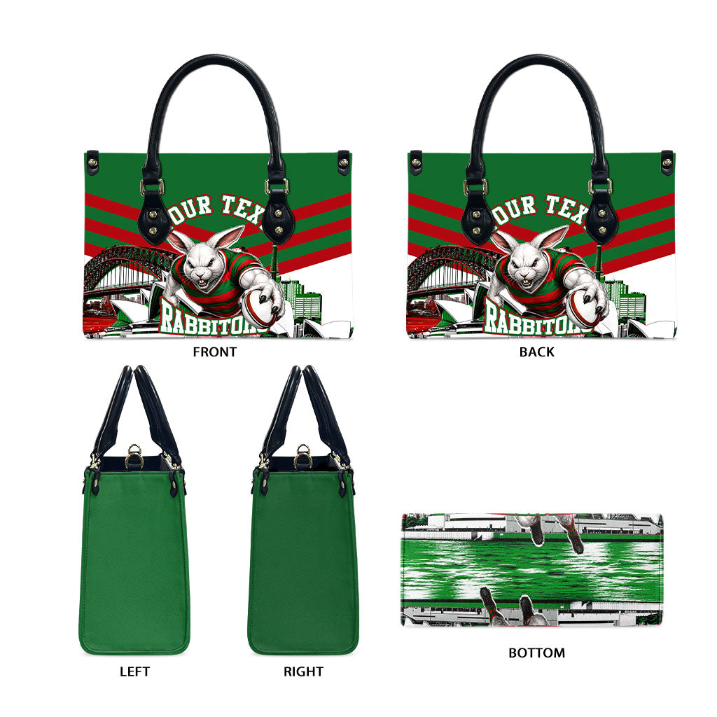 Personalized South Sydney Rabbitohs Rugby Leather Bag Fierce Mascot And Sydney Skyline Graphic Art