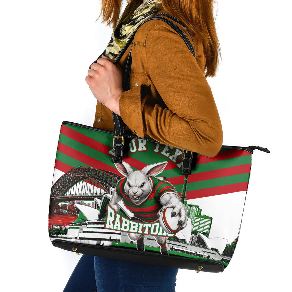 Personalized South Sydney Rabbitohs Rugby Leather Tote Bag Fierce Mascot And Sydney Skyline Graphic Art