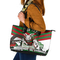Personalized South Sydney Rabbitohs Rugby Leather Tote Bag Fierce Mascot And Sydney Skyline Graphic Art