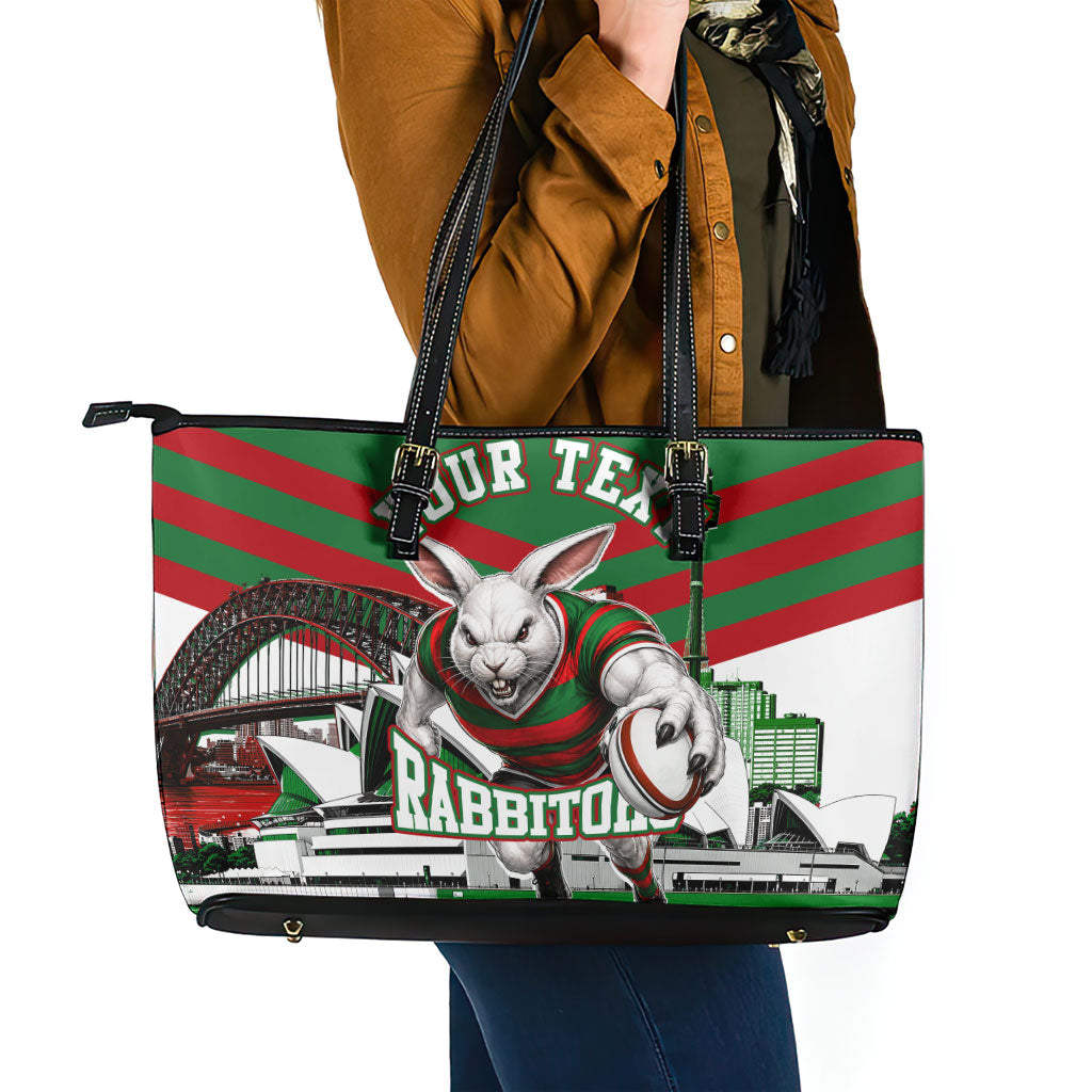 Personalized South Sydney Rabbitohs Rugby Leather Tote Bag Fierce Mascot And Sydney Skyline Graphic Art