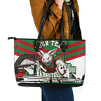 Personalized South Sydney Rabbitohs Rugby Leather Tote Bag Fierce Mascot And Sydney Skyline Graphic Art