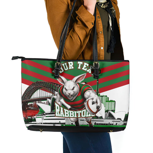 Personalized South Sydney Rabbitohs Rugby Leather Tote Bag Fierce Mascot And Sydney Skyline Graphic Art