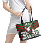 Personalized South Sydney Rabbitohs Rugby Leather Tote Bag Fierce Mascot And Sydney Skyline Graphic Art