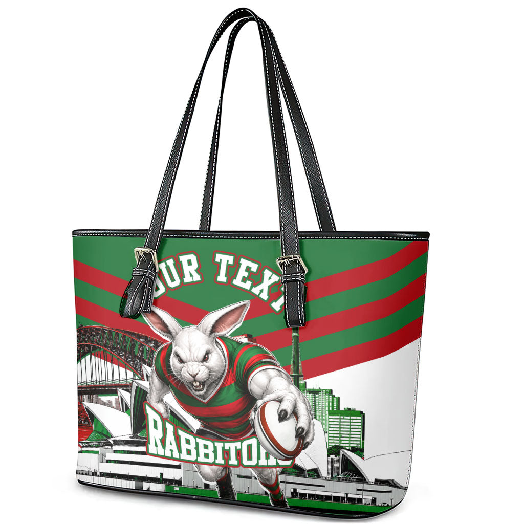 Personalized South Sydney Rabbitohs Rugby Leather Tote Bag Fierce Mascot And Sydney Skyline Graphic Art