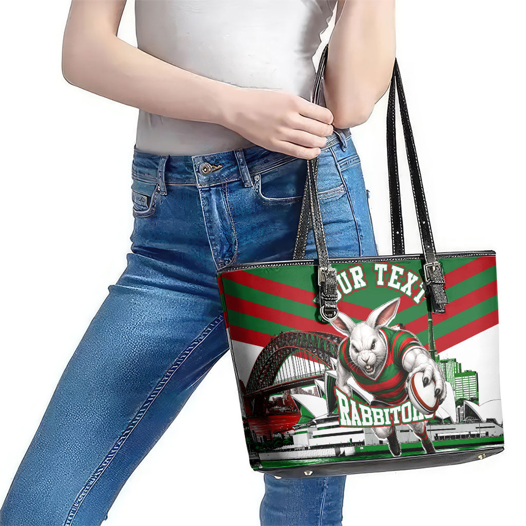 Personalized South Sydney Rabbitohs Rugby Leather Tote Bag Fierce Mascot And Sydney Skyline Graphic Art