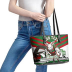 Personalized South Sydney Rabbitohs Rugby Leather Tote Bag Fierce Mascot And Sydney Skyline Graphic Art