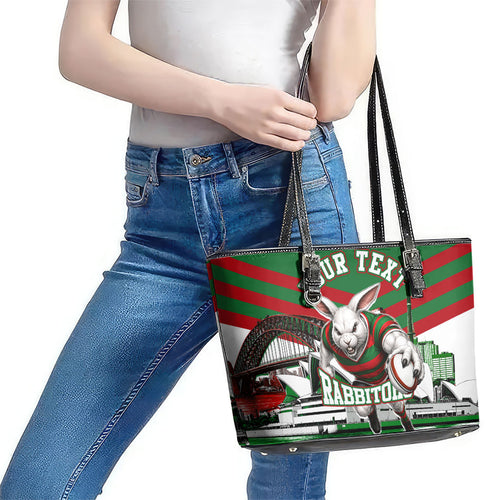 Personalized South Sydney Rabbitohs Rugby Leather Tote Bag Fierce Mascot And Sydney Skyline Graphic Art