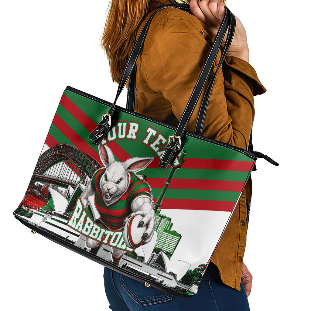 Personalized South Sydney Rabbitohs Rugby Leather Tote Bag Fierce Mascot And Sydney Skyline Graphic Art