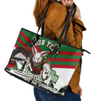 Personalized South Sydney Rabbitohs Rugby Leather Tote Bag Fierce Mascot And Sydney Skyline Graphic Art