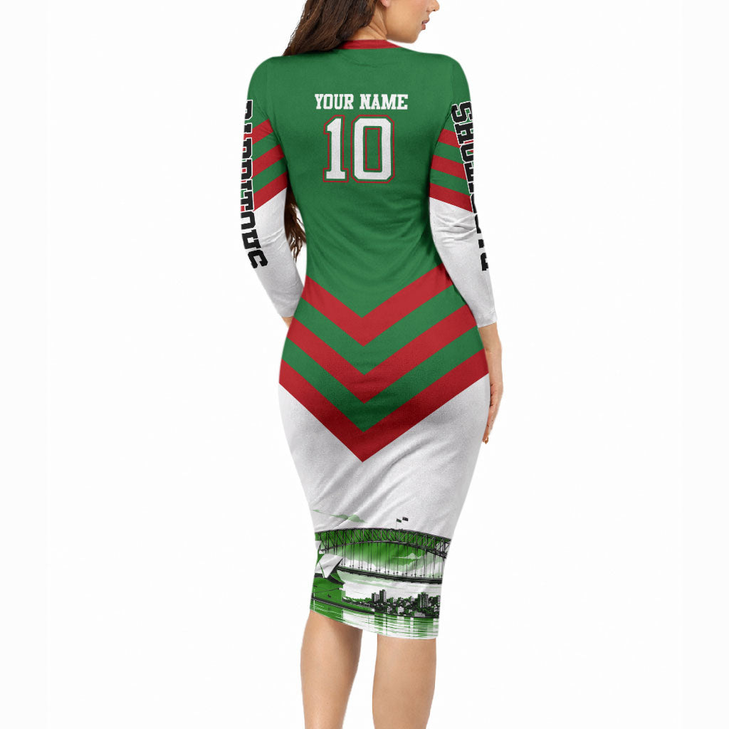 Personalized South Sydney Rabbitohs Rugby Long Sleeve Bodycon Dress Fierce Mascot And Sydney Skyline Graphic Art