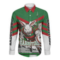 Personalized South Sydney Rabbitohs Rugby Long Sleeve Button Shirt Fierce Mascot And Sydney Skyline Graphic Art
