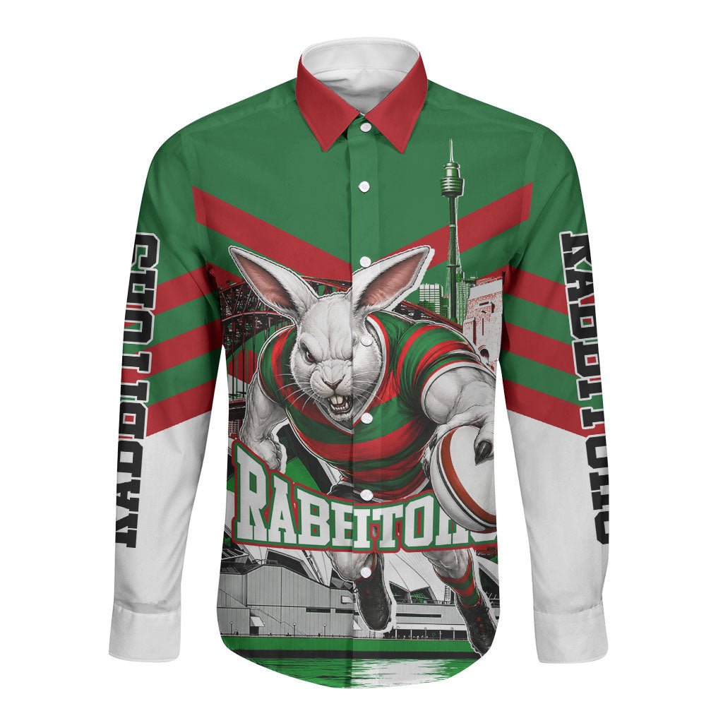 Personalized South Sydney Rabbitohs Rugby Long Sleeve Button Shirt Fierce Mascot And Sydney Skyline Graphic Art